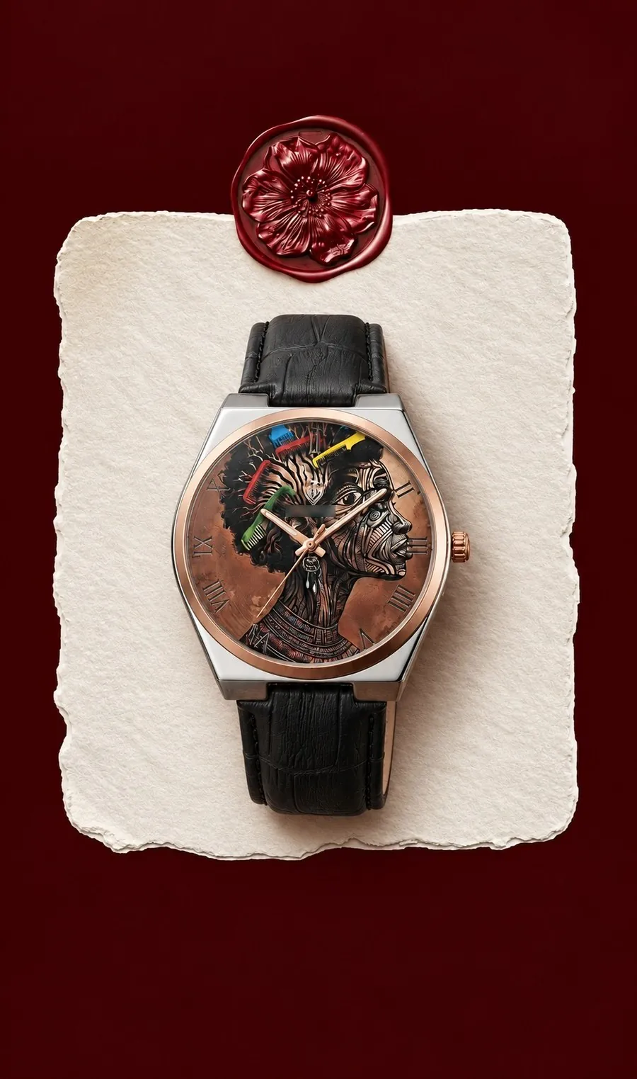 The Afro-Art Silhouette watch, flat-lay on burgundy background with wax seal