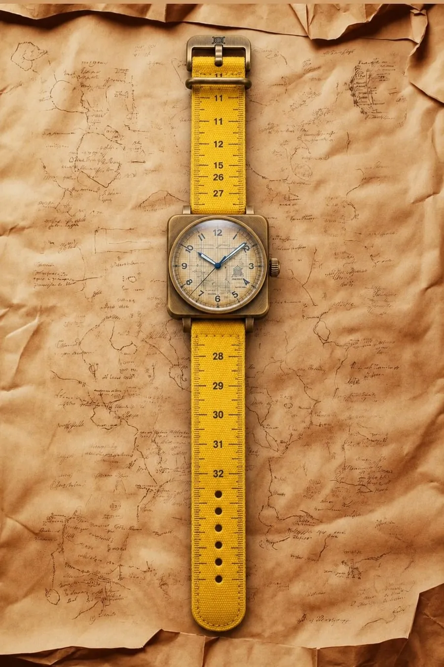 Blueprint and Tape watch, brass square case with architectural blueprint dial