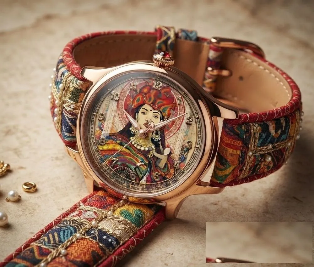 Graffiti Collaboration watch, rose gold case with neo-traditional Indian woman motif dial