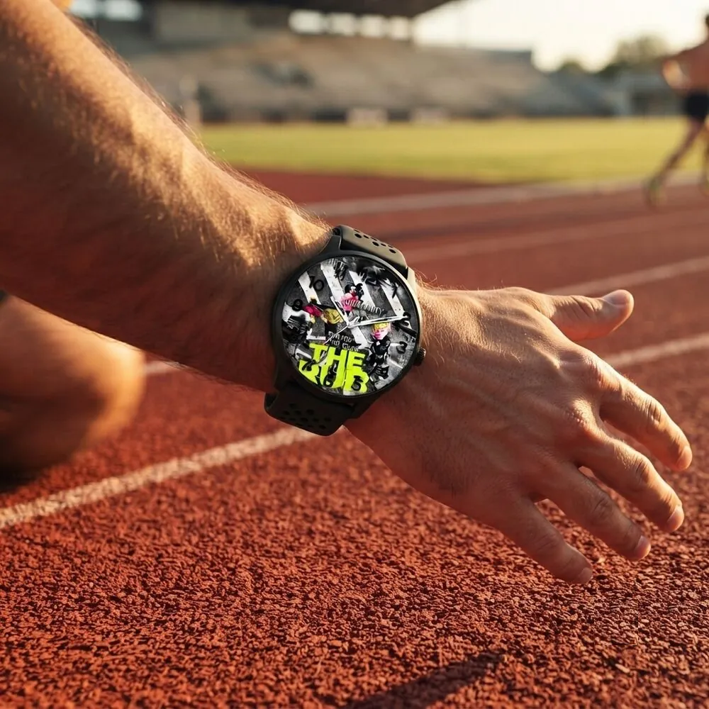 The Rub watch, matte black case with halftone crosswalk photo dial