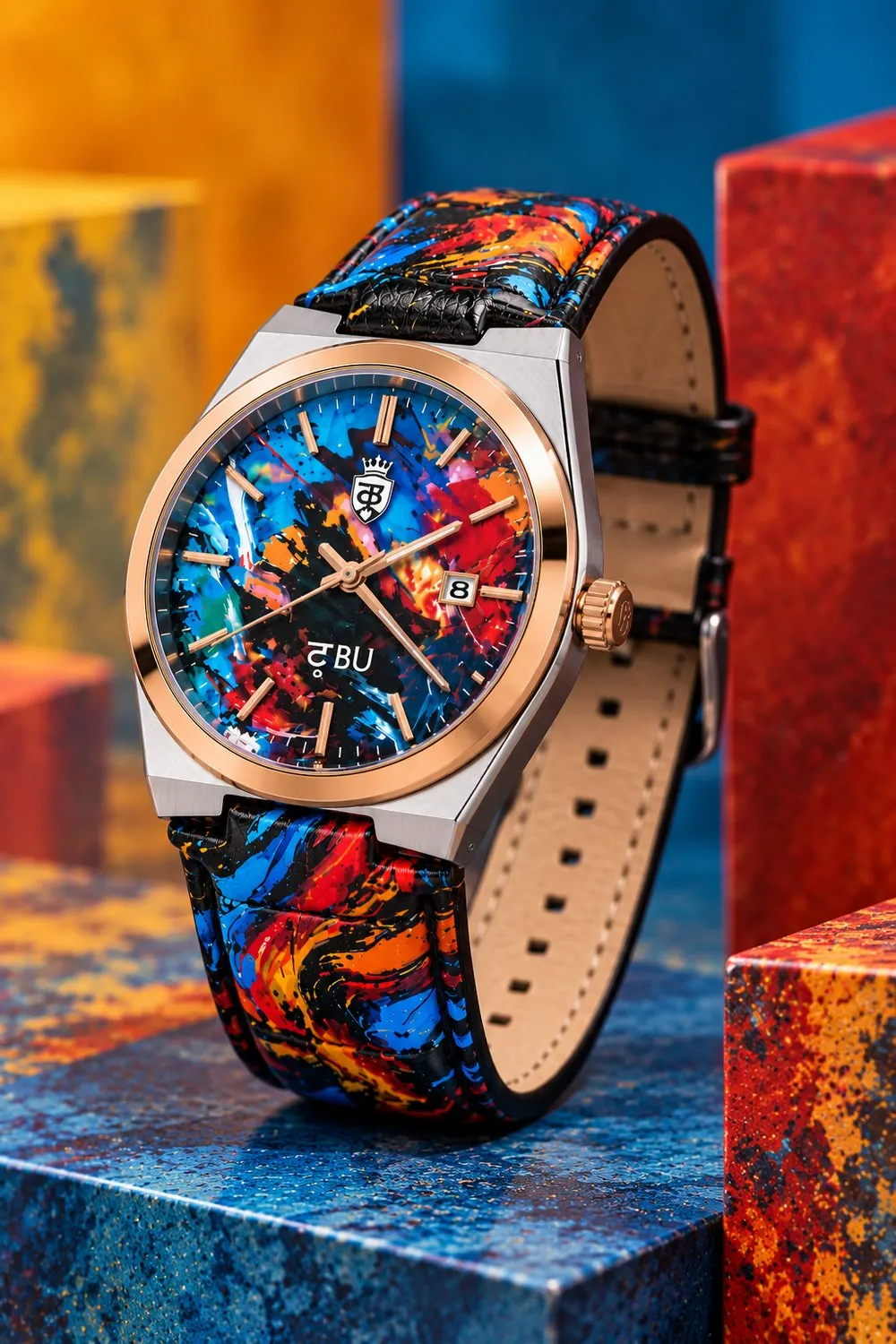 The Holiday Splash watch, steel and rose gold case with abstract paint-splash dial, hand-painted multicolour leather strap