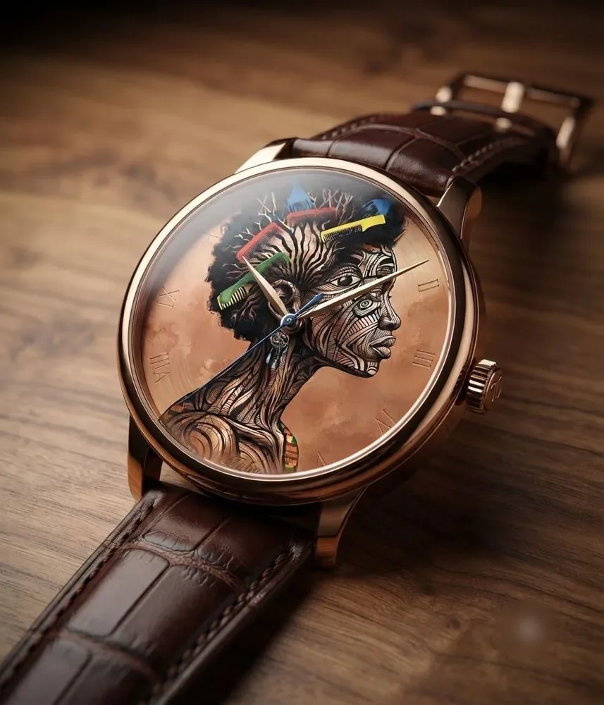 The Afro-Art Silhouette watch, angled view on wood