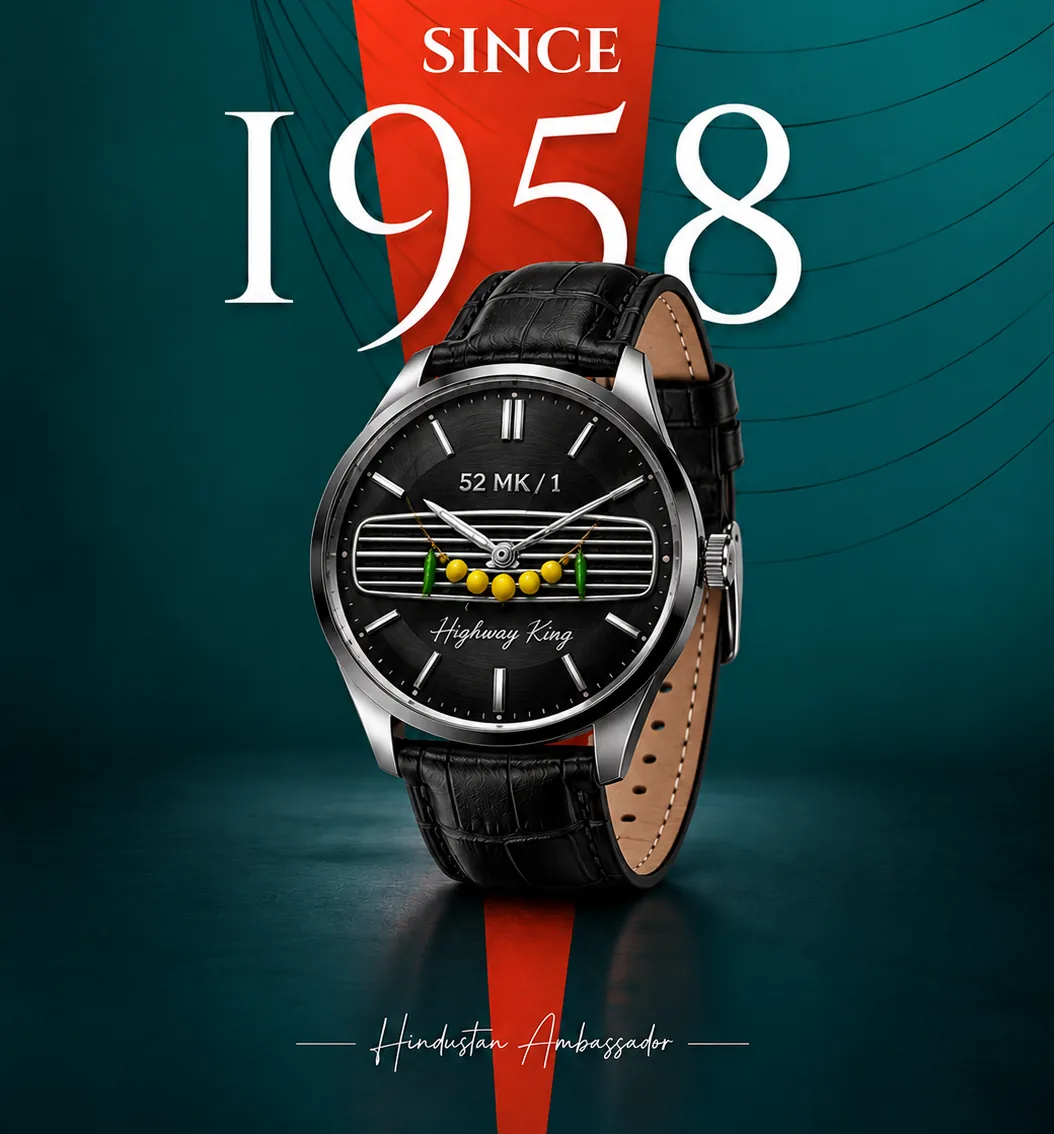 52 MK/1 Ambassador Tribute watch, black dial with grille and nimbu-mirchi charm, black leather strap