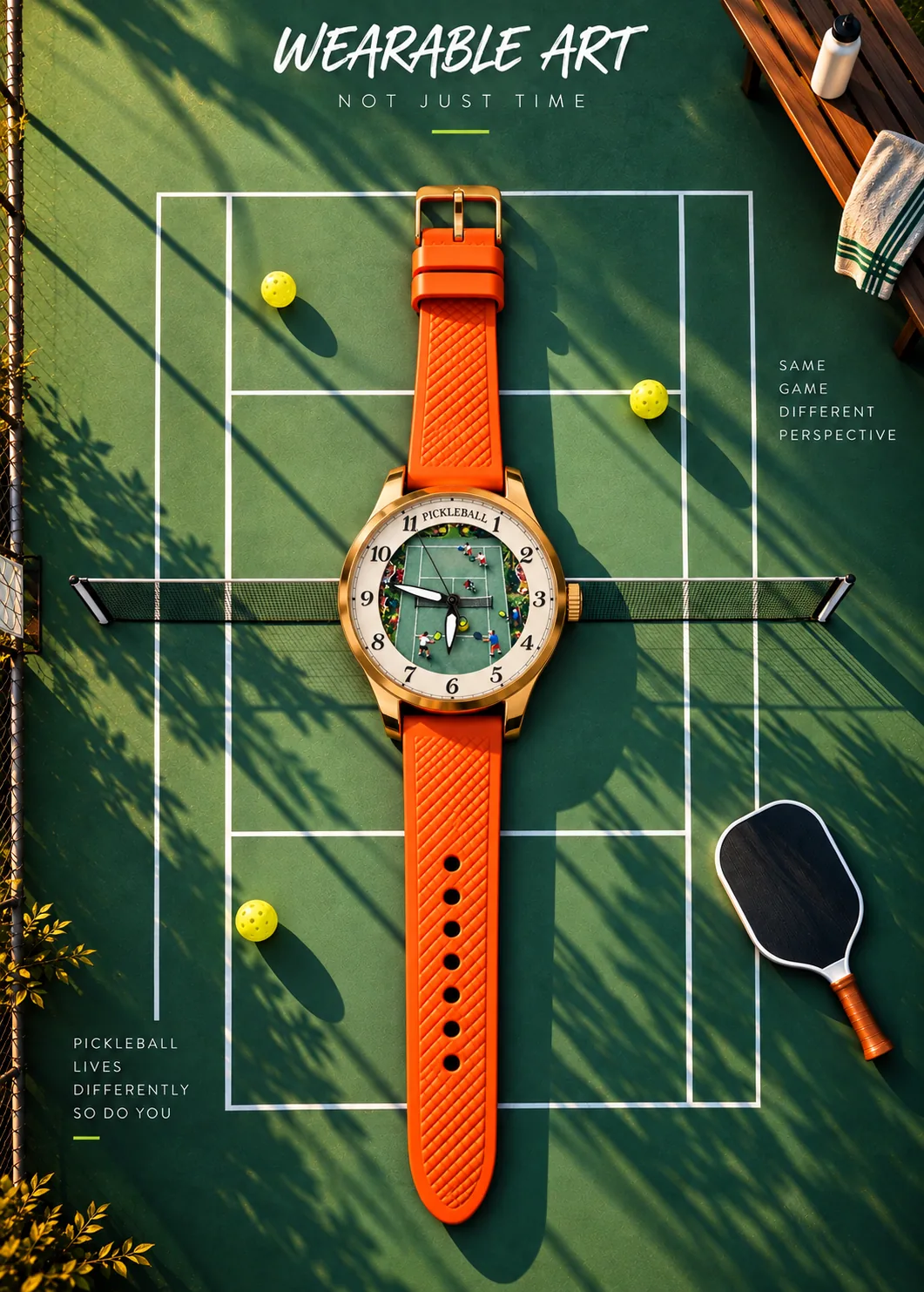 The Pickleball Court watch, flat-lay on a pickleball court