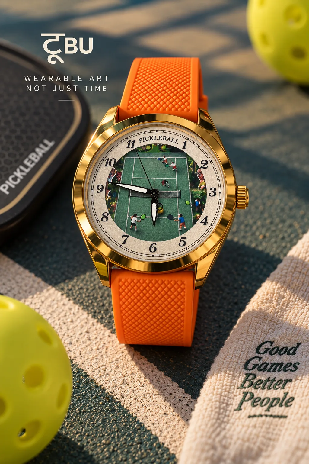 The Pickleball Court watch on court, with paddle and pickleballs
